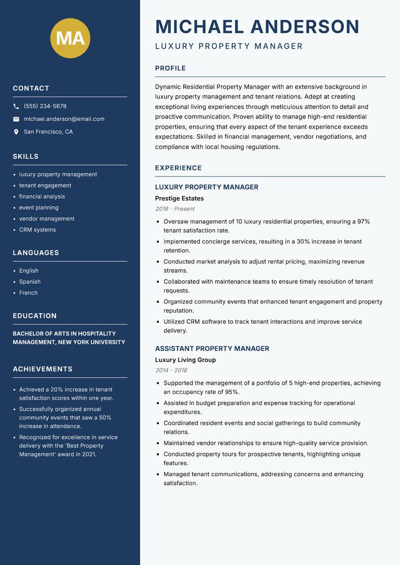 Residential Property Manager resume sample — Luxury Property Manager focus
