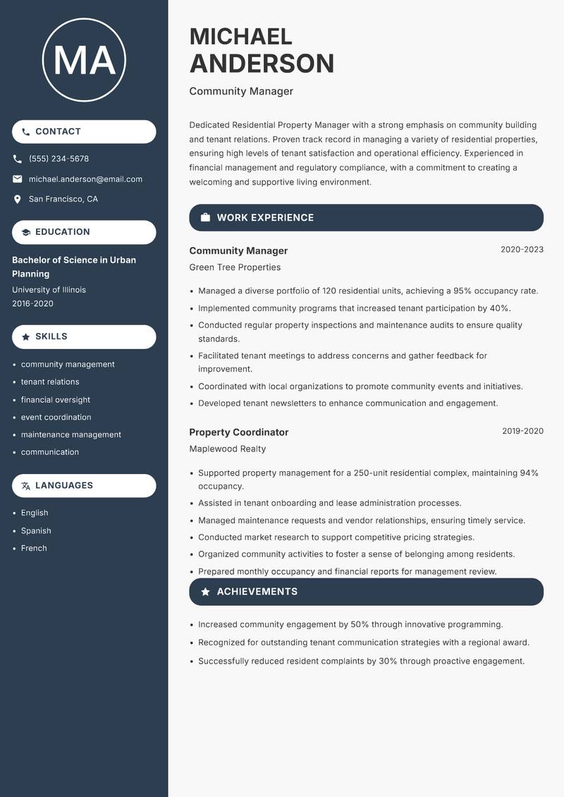 Residential Property Manager resume sample — Community Manager focus