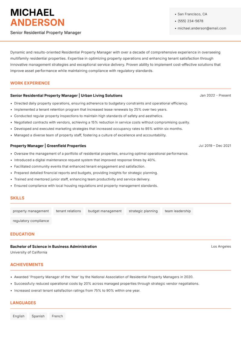 Residential Property Manager resume sample — Senior Residential Property Manager focus