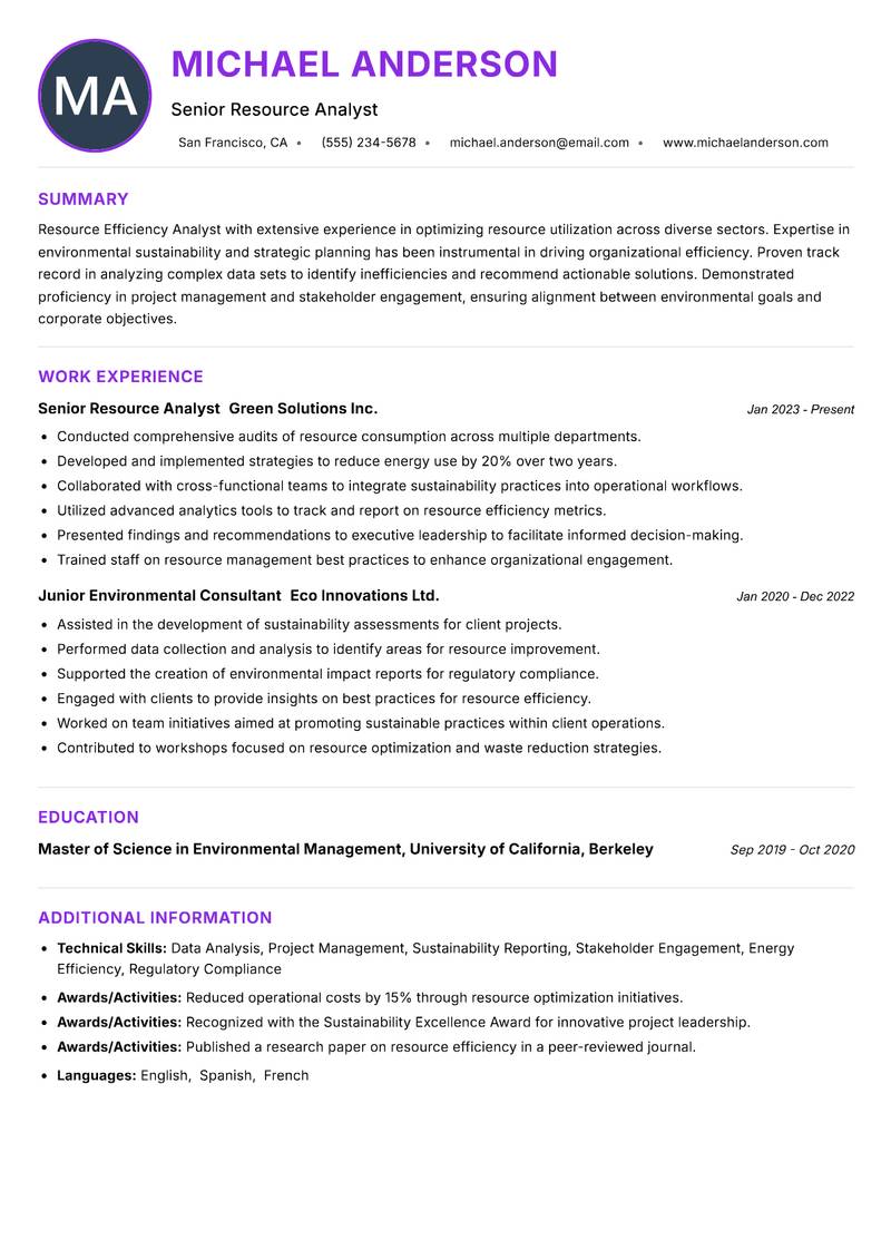 Resource Efficiency Analyst resume example