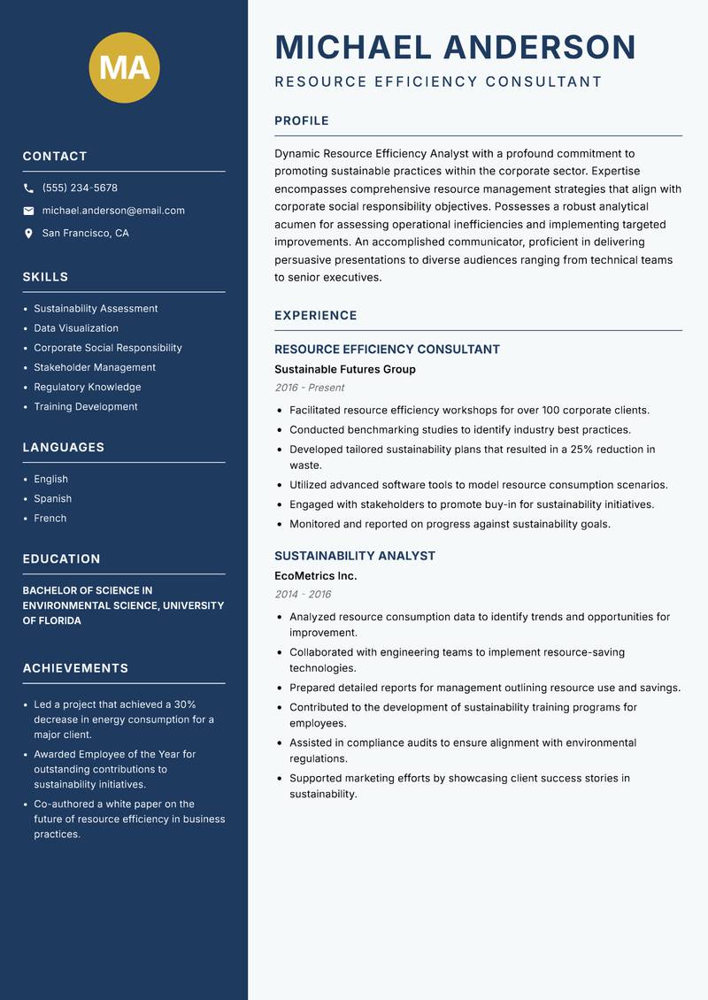 Resource Efficiency Analyst resume sample — Resource Efficiency Consultant focus