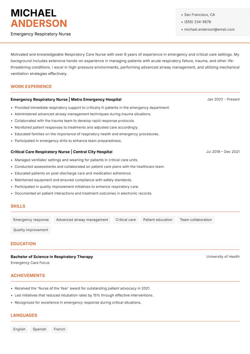 Respiratory Care Nurse resume sample — Emergency Respiratory Nurse focus