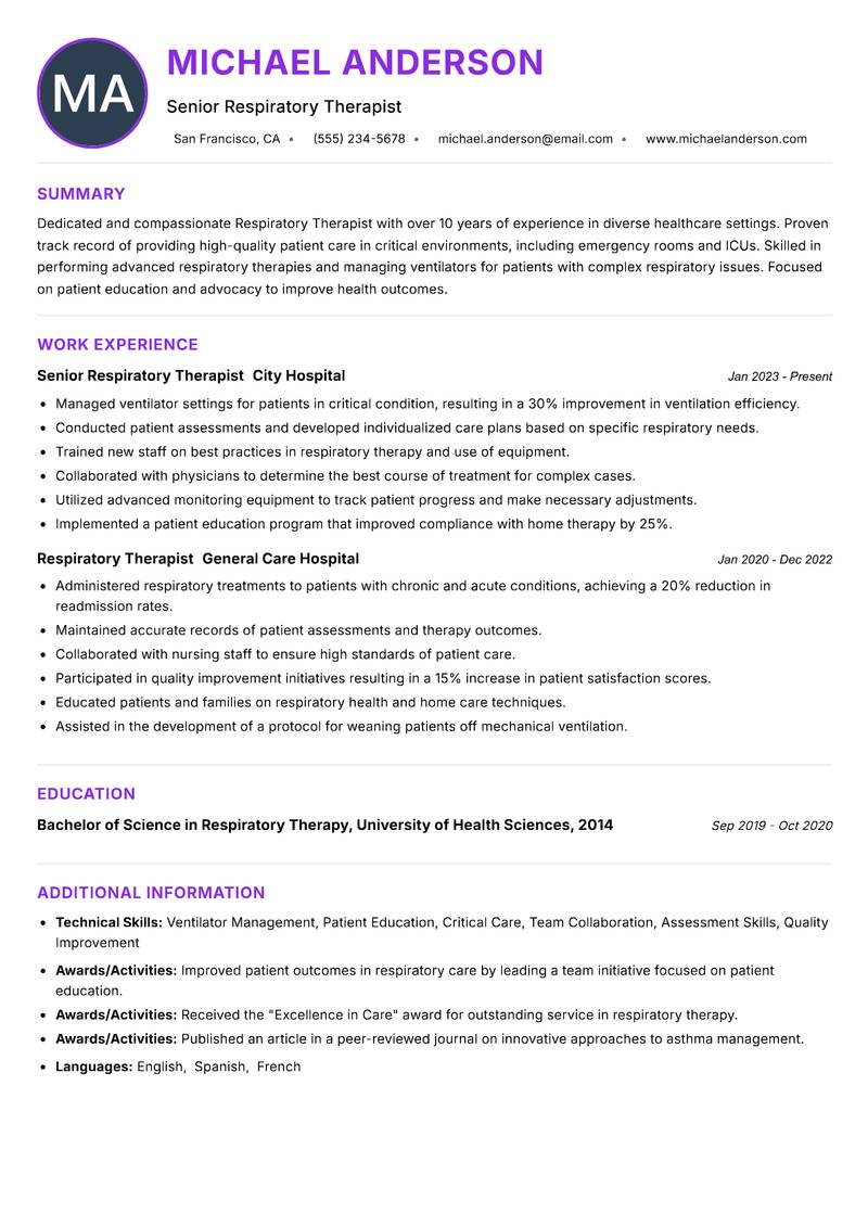 Respiratory Therapist resume example