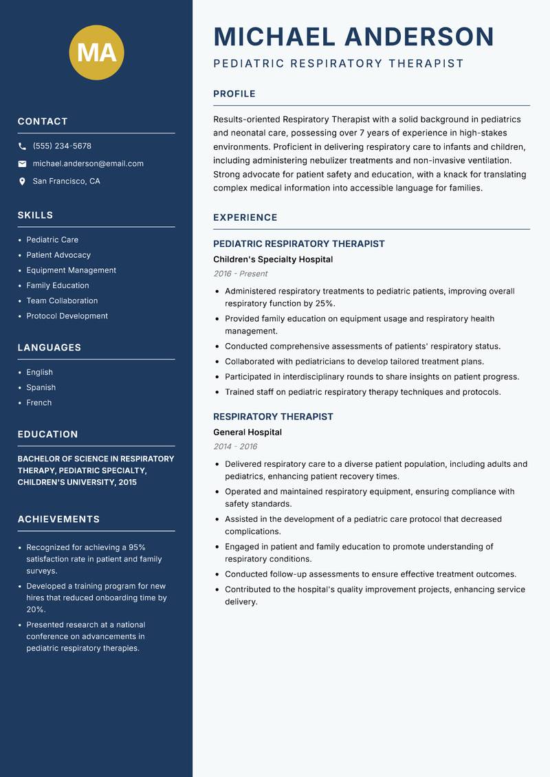 Respiratory Therapist resume sample — Pediatric Respiratory Therapist focus