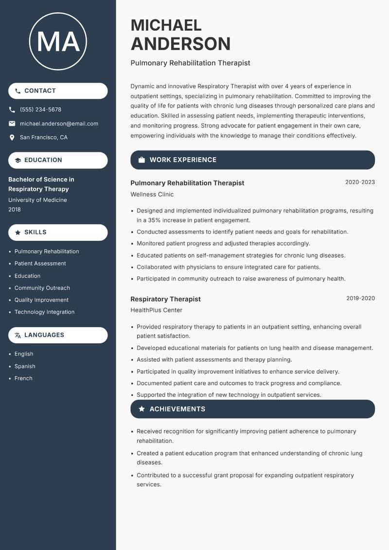 Respiratory Therapist resume sample — Pulmonary Rehabilitation Therapist focus