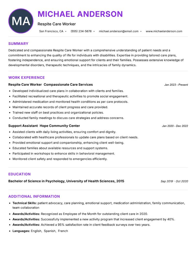 Respite Care Worker resume example