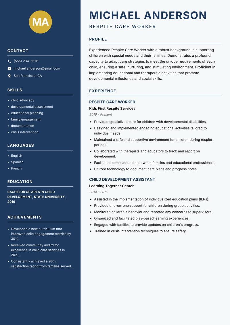 Respite Care Worker resume sample — Respite Care Worker focus