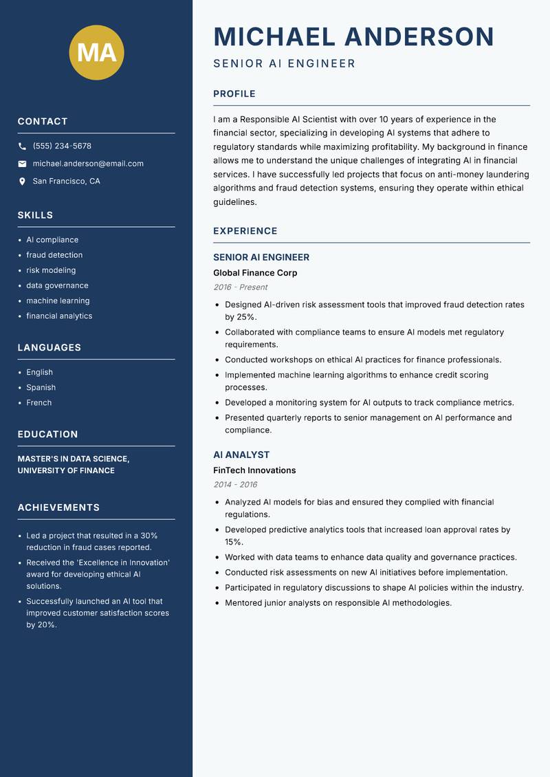 Responsible AI Scientist resume sample — Senior AI Engineer focus