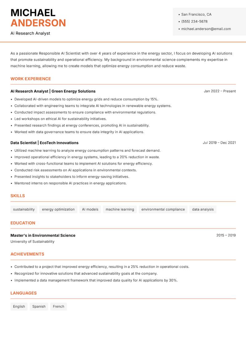 Responsible AI Scientist resume sample — AI Research Analyst focus
