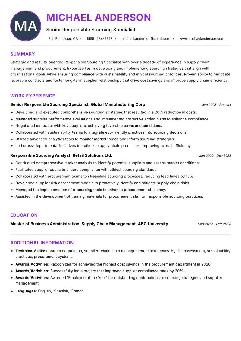 Responsible Sourcing Specialist resume example