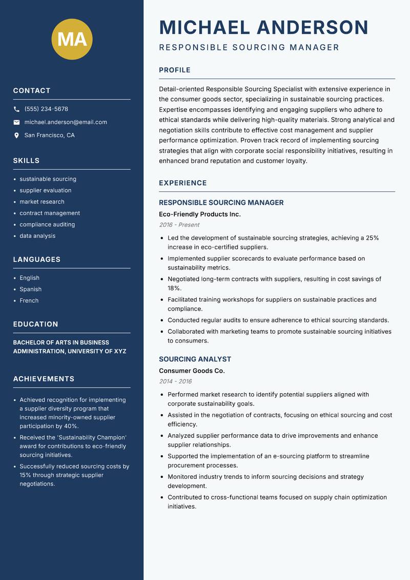 Responsible Sourcing Specialist resume sample — Responsible Sourcing Manager focus