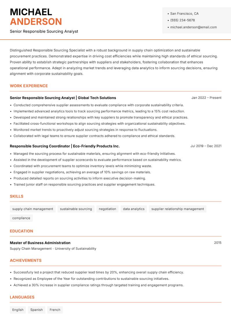 Responsible Sourcing Specialist resume sample — Senior Responsible Sourcing Analyst focus