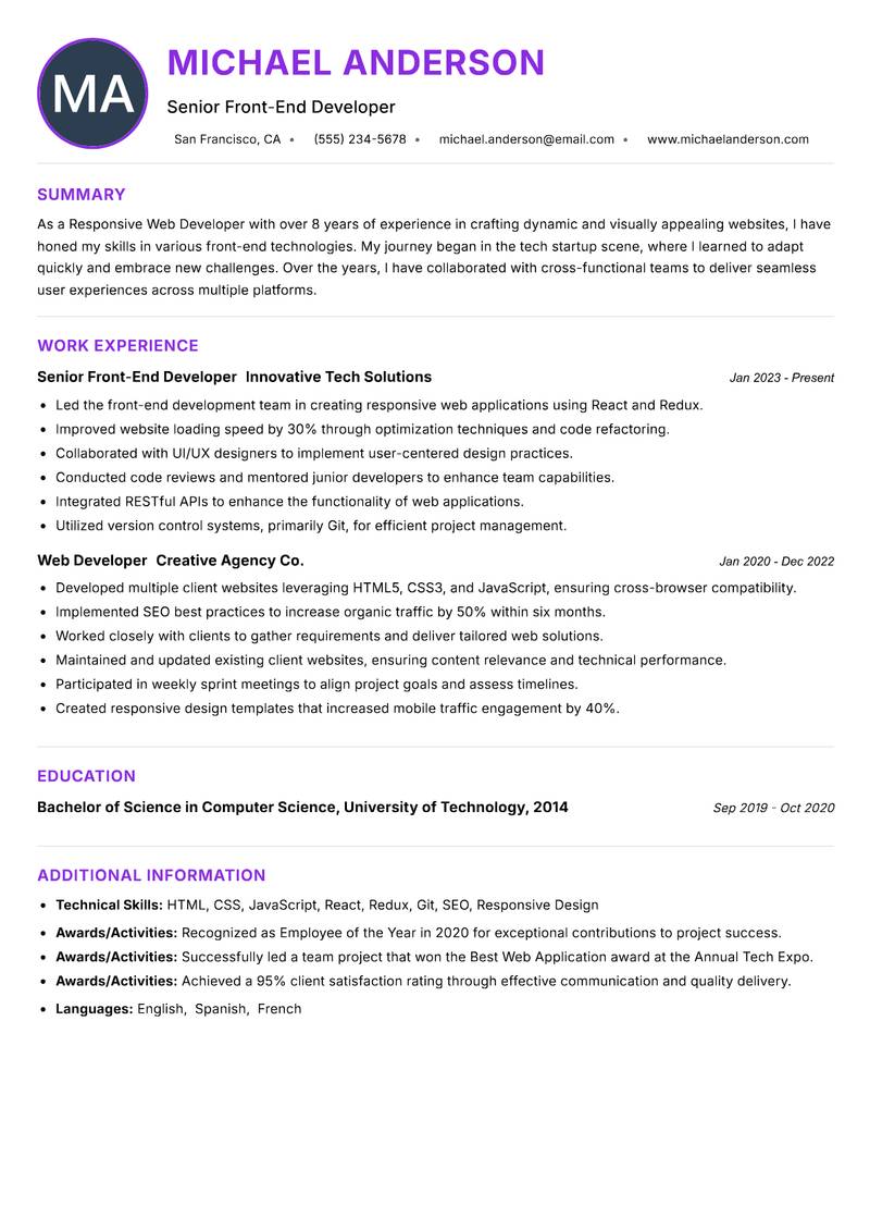 Responsive Web Developer resume example