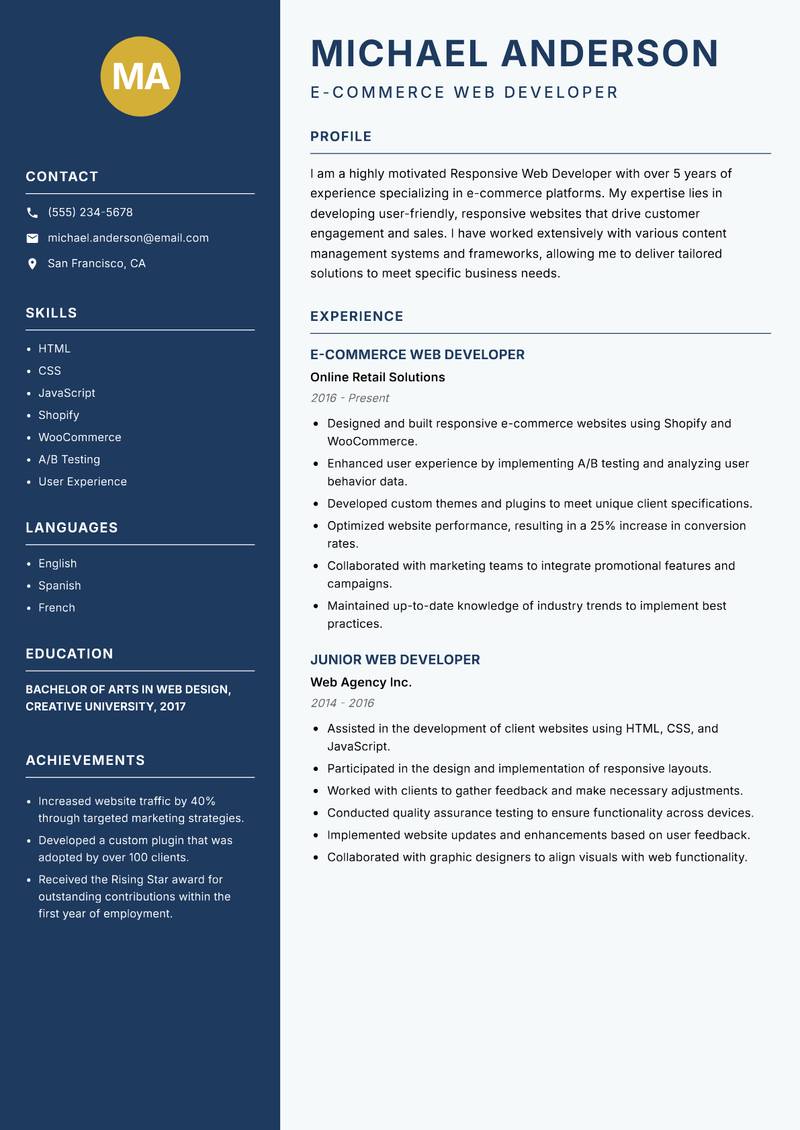 Responsive Web Developer resume sample — E-commerce Web Developer focus