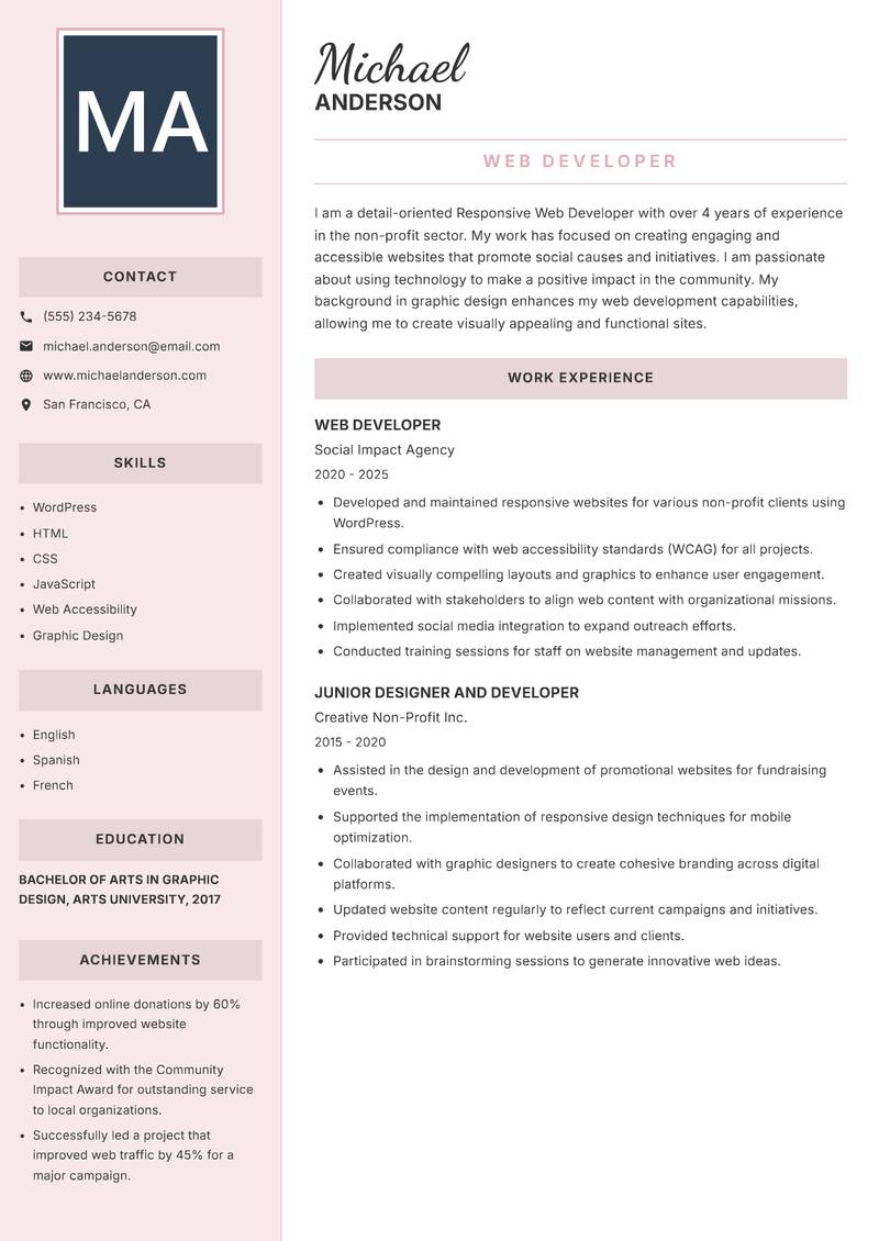 Responsive Web Developer resume sample — Web Developer focus