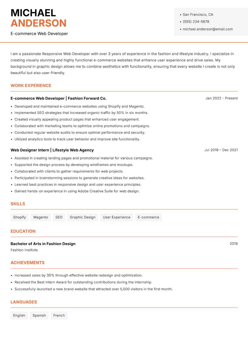 Responsive Web Developer resume sample — E-commerce Web Developer focus
