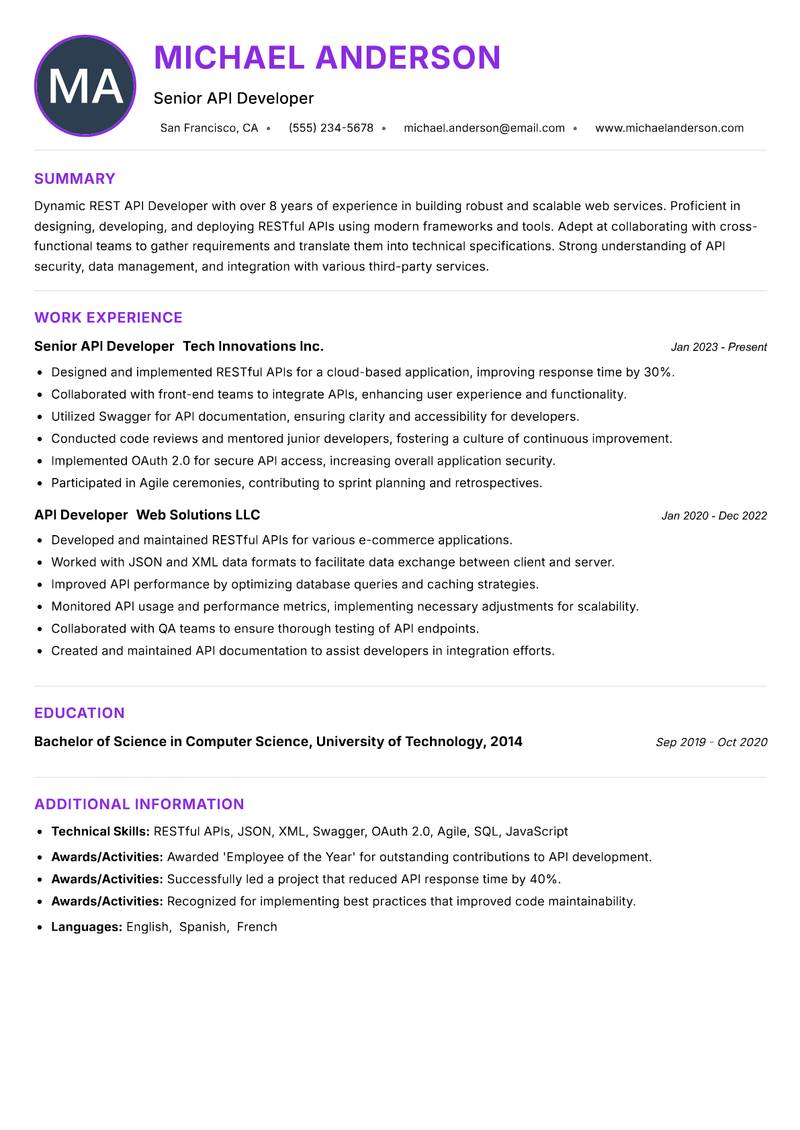 REST API Developer resume example