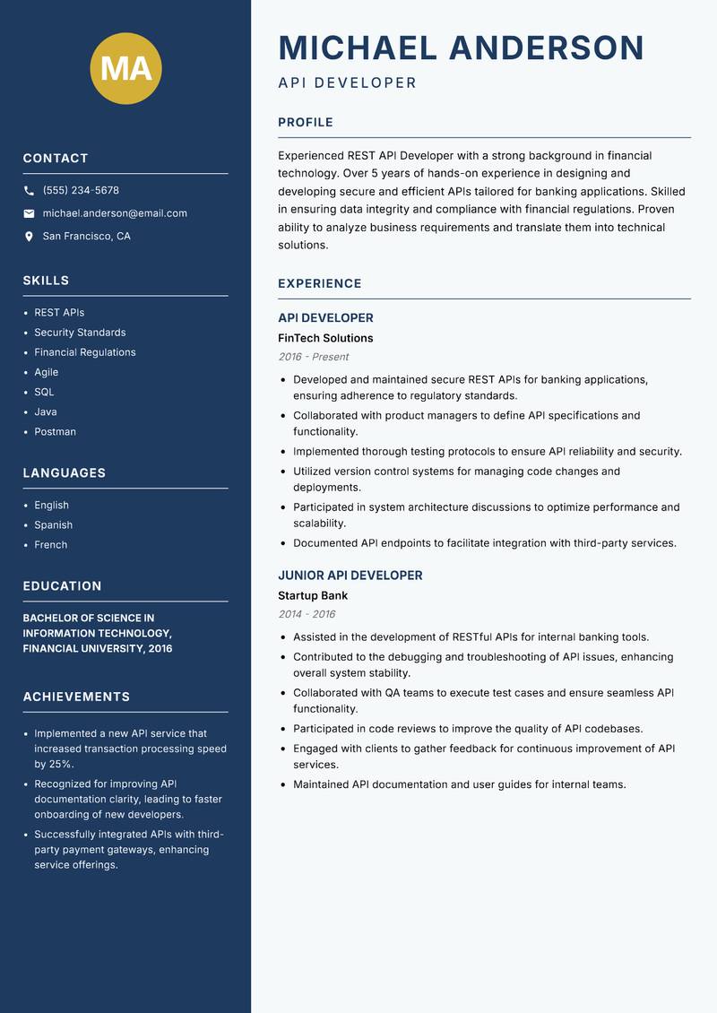 REST API Developer resume sample — API Developer focus