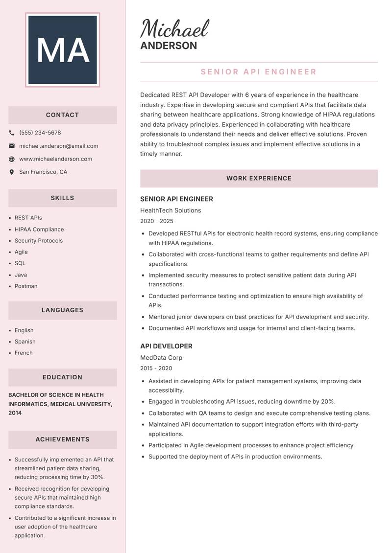 REST API Developer resume sample — Senior API Engineer focus