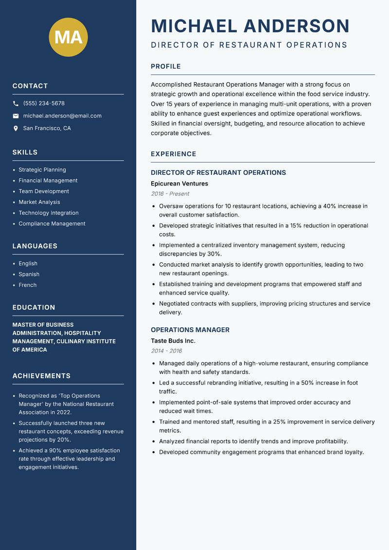 Restaurant Operations Manager resume sample — Director of Restaurant Operations focus