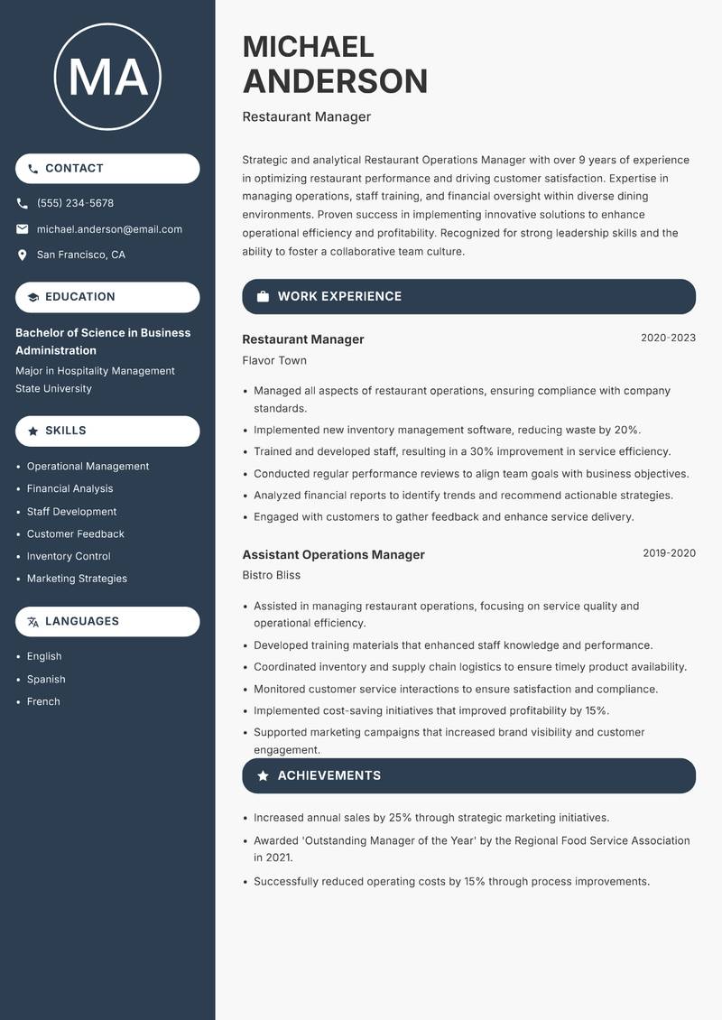 Restaurant Operations Manager resume sample — Restaurant Manager focus