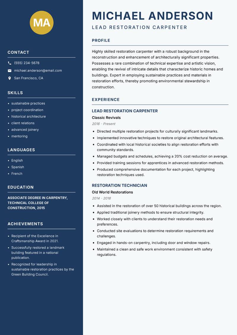 Restoration Carpenter resume sample — Lead Restoration Carpenter focus