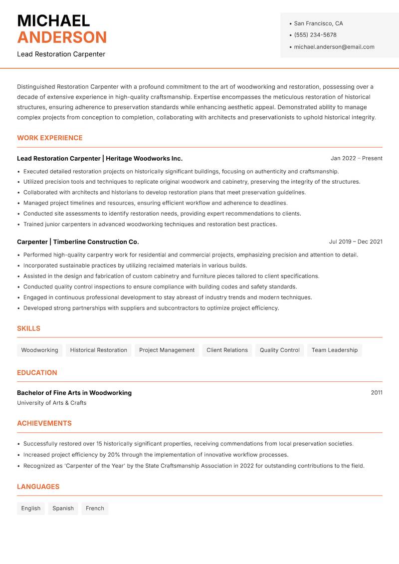 Restoration Carpenter resume sample — Lead Restoration Carpenter focus