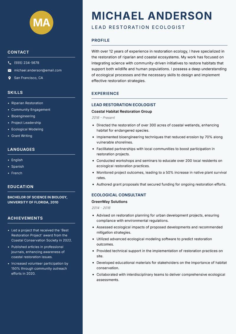 Restoration Ecologist resume sample — Lead Restoration Ecologist focus