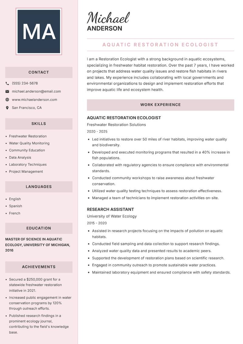 Restoration Ecologist resume sample — Aquatic Restoration Ecologist focus
