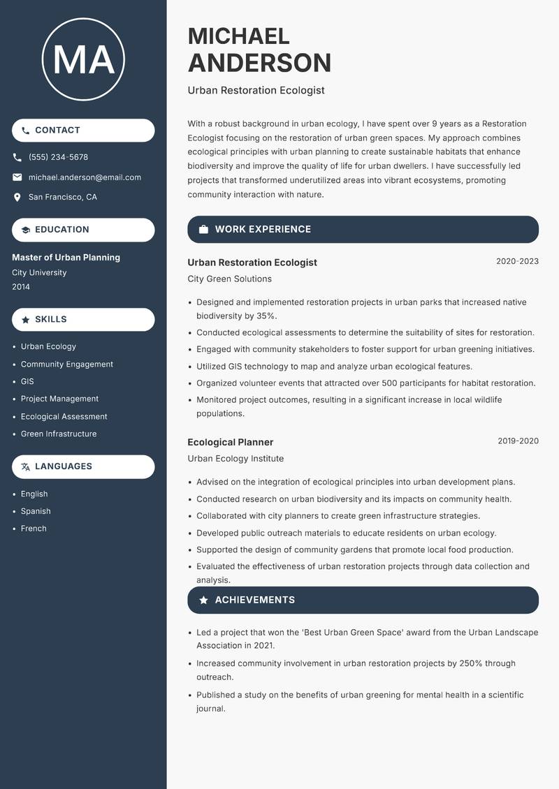 Restoration Ecologist resume sample — Urban Restoration Ecologist focus