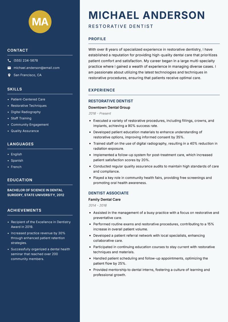 Restorative Dentist resume sample — Restorative Dentist focus