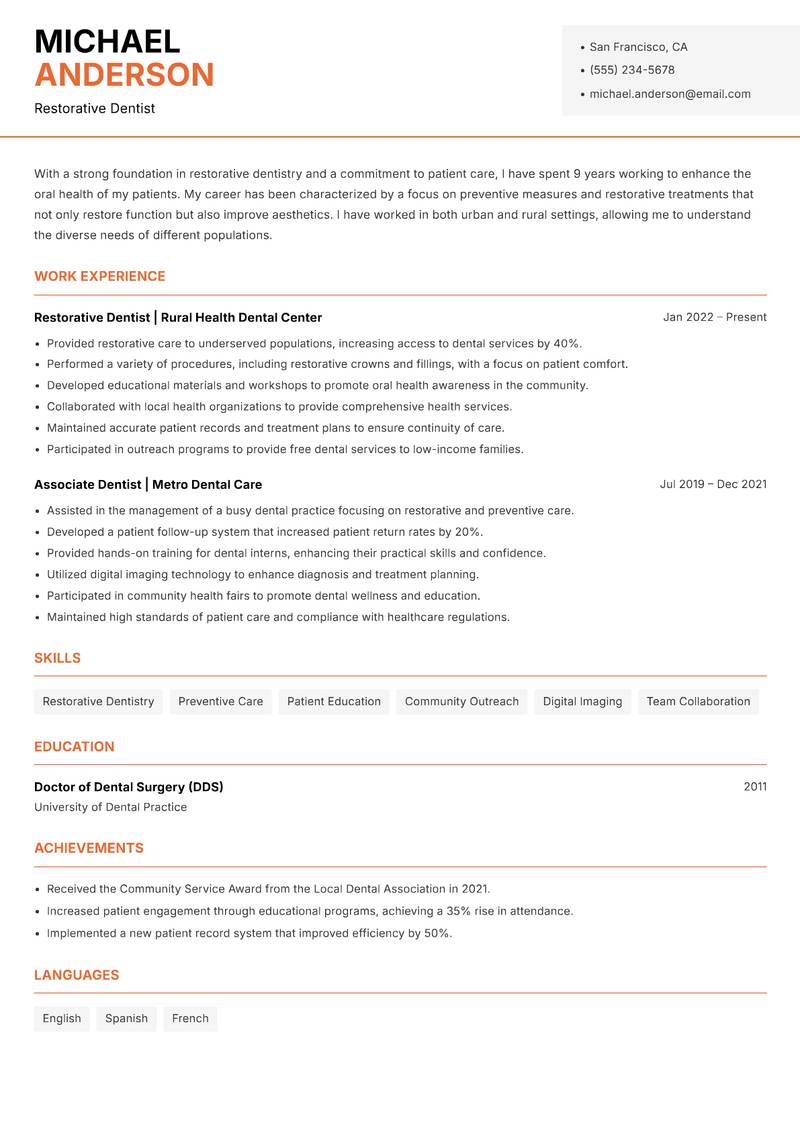 Restorative Dentist resume sample — Restorative Dentist focus