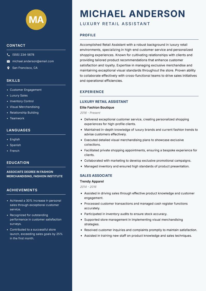 Retail Assistant resume sample — Luxury Retail Assistant focus
