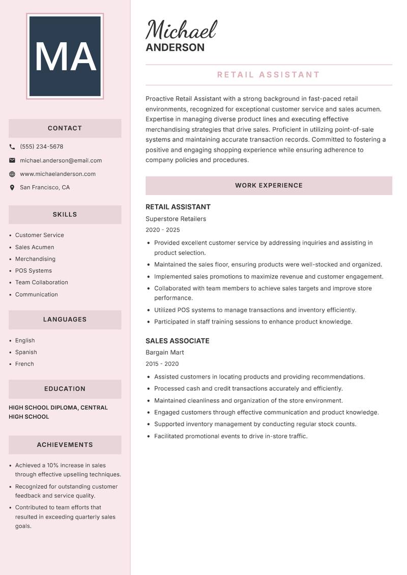 Retail Assistant resume sample — Retail Assistant focus