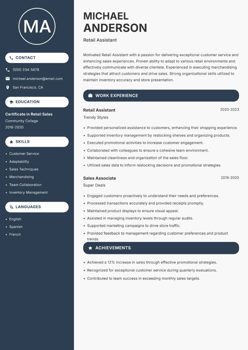 Retail Assistant resume sample — Retail Assistant focus