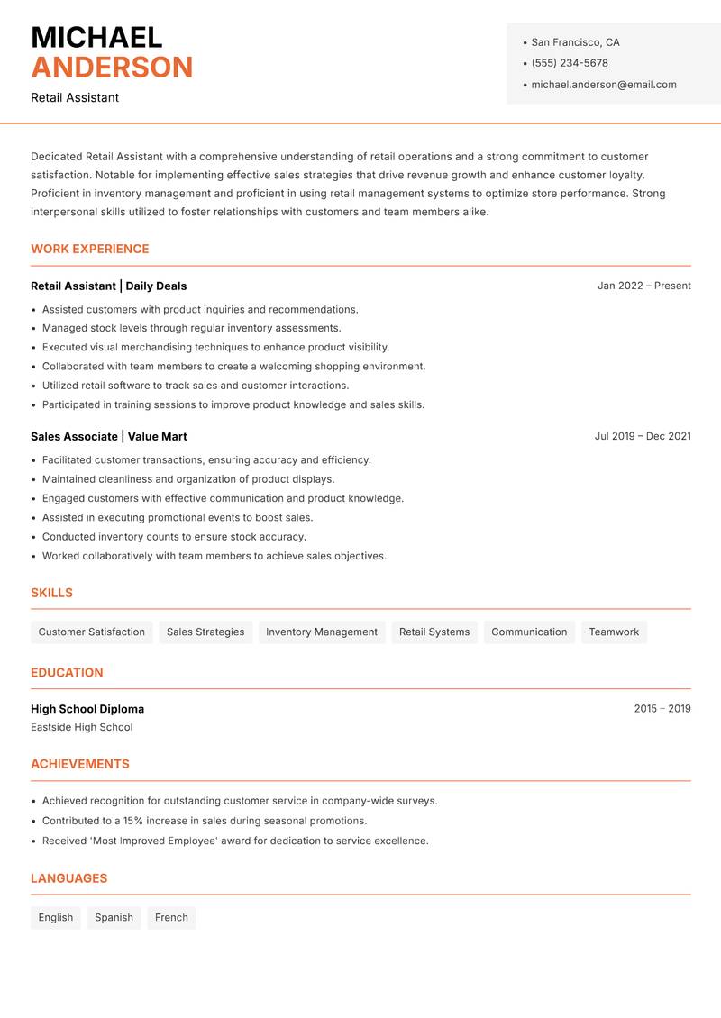 Retail Assistant resume sample — Retail Assistant focus