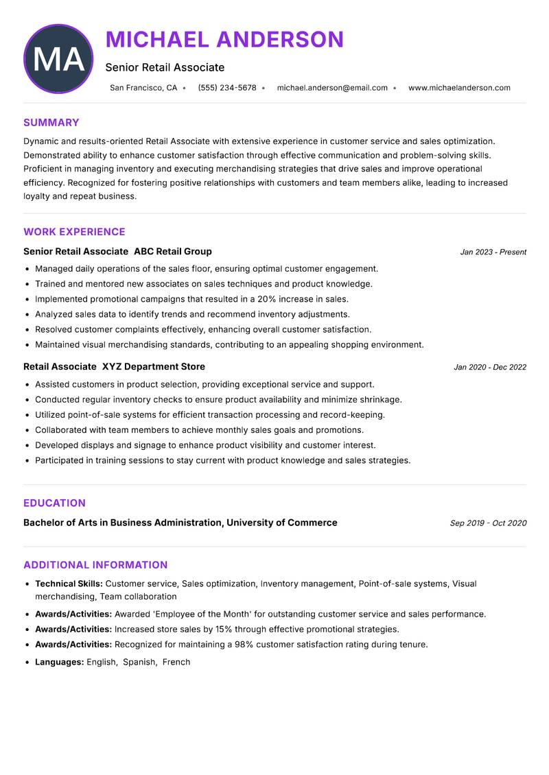 Retail Associate resume example