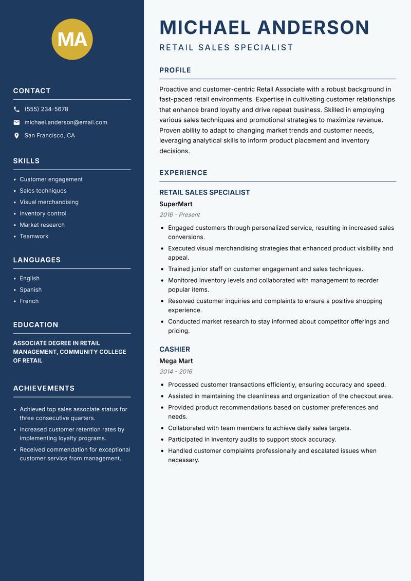 Retail Associate resume sample — Retail Sales Specialist focus