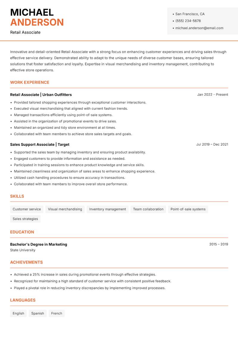 Retail Associate resume sample — Retail Associate focus