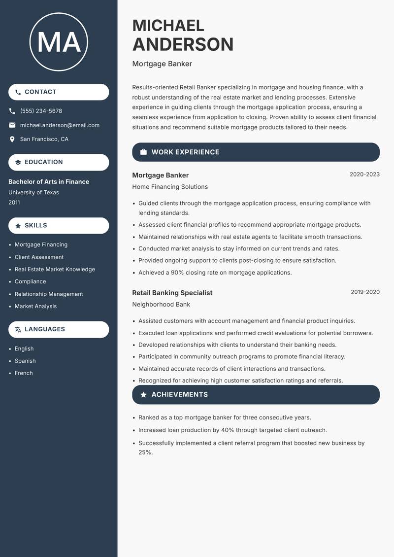 Retail Banker resume sample — Mortgage Banker focus