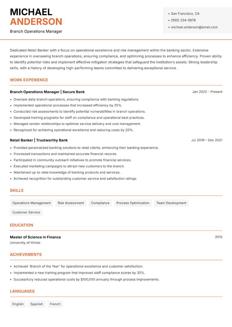 Retail Banker resume sample — Branch Operations Manager focus