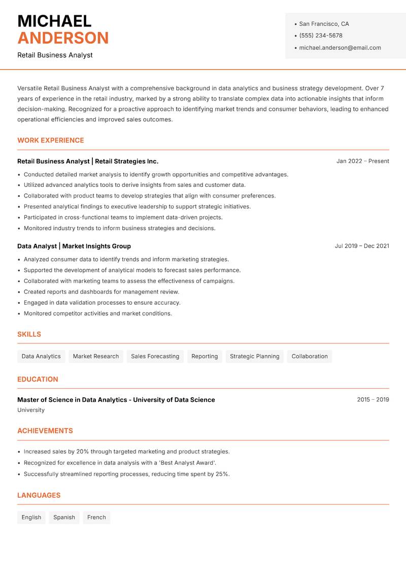 Retail Business Analyst resume sample — Retail Business Analyst focus