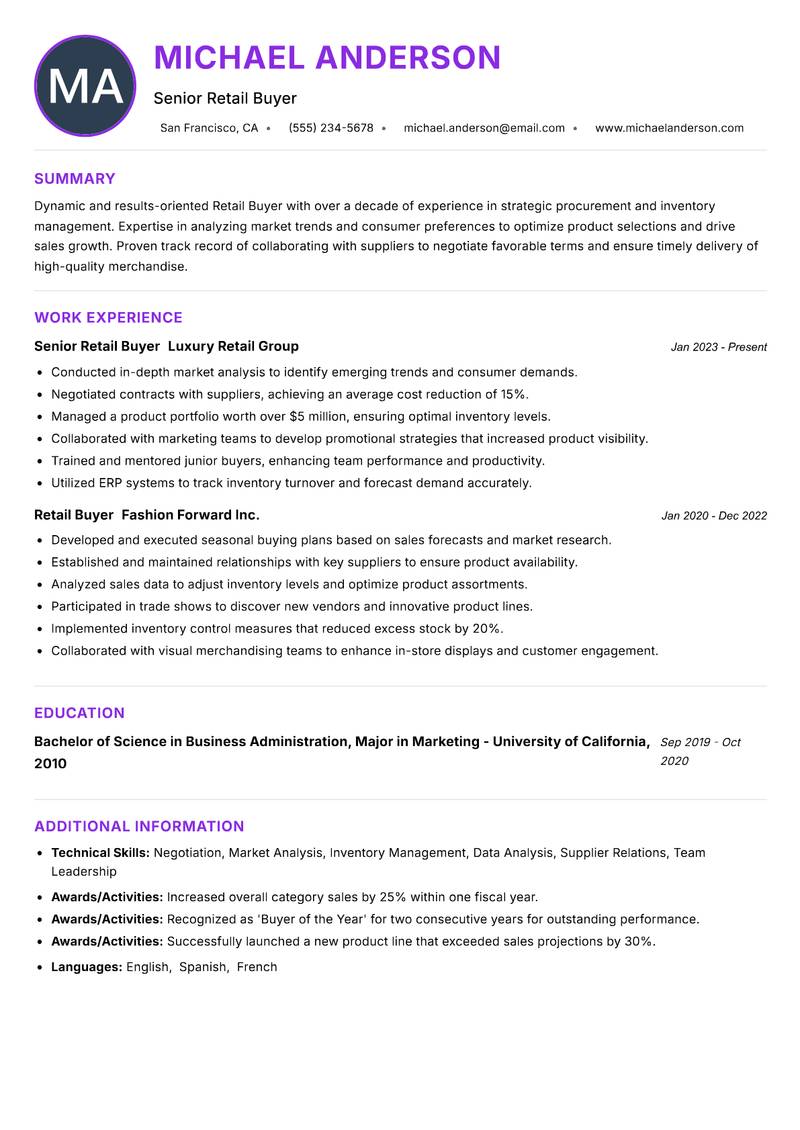 Retail Buyer resume example