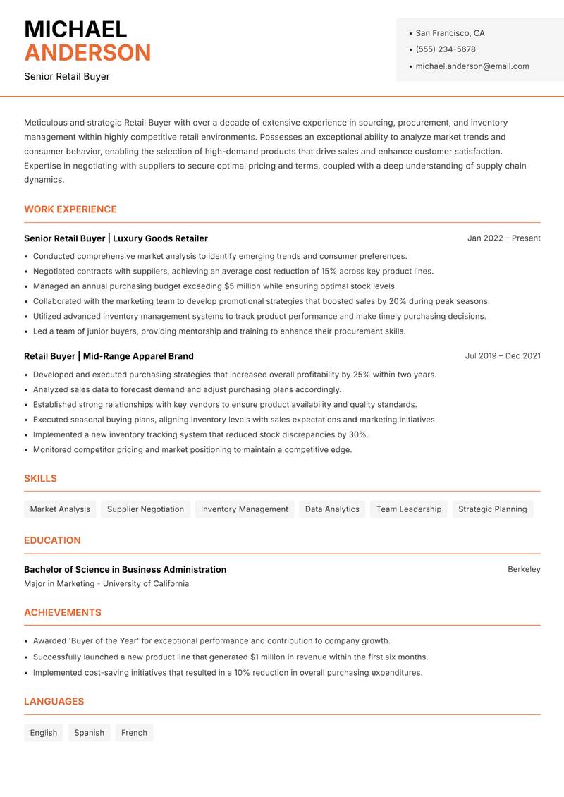 Retail Buyer resume sample — Senior Retail Buyer focus