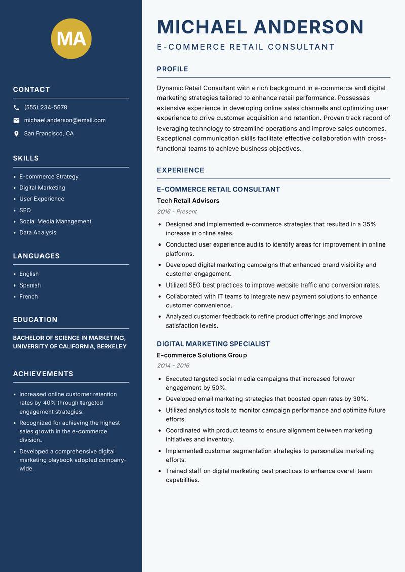 Retail Consultant resume sample — E-commerce Retail Consultant focus