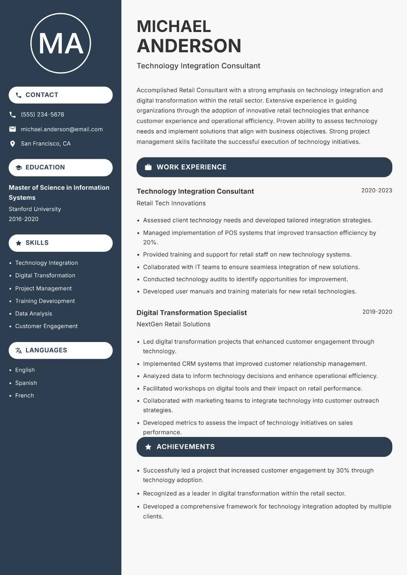 Retail Consultant resume sample — Technology Integration Consultant focus