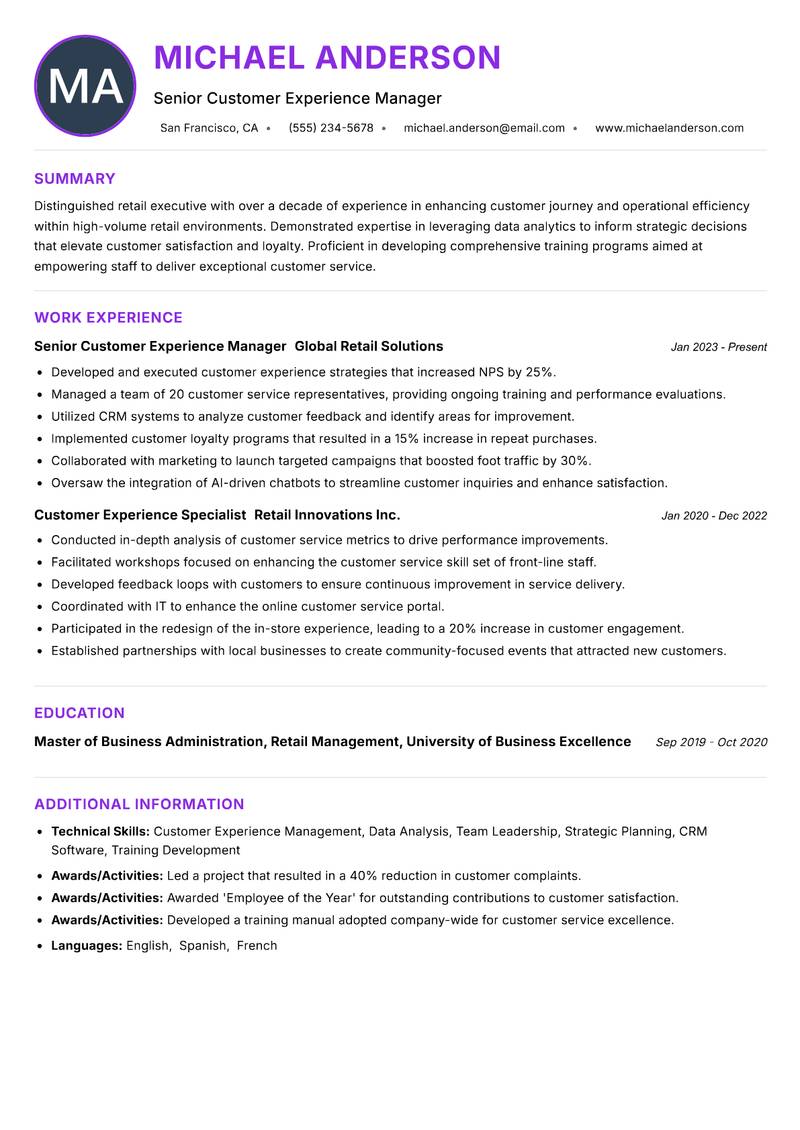 Retail Customer Experience Executive resume example