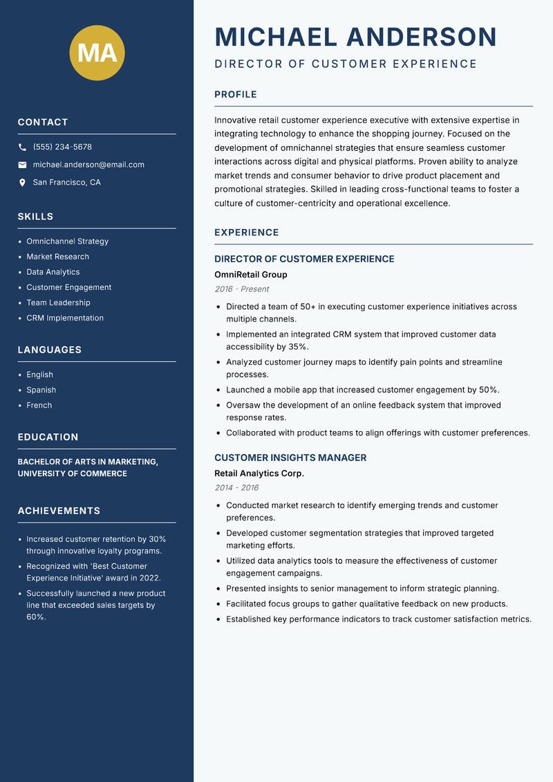 Retail Customer Experience Executive resume sample — Director of Customer Experience focus