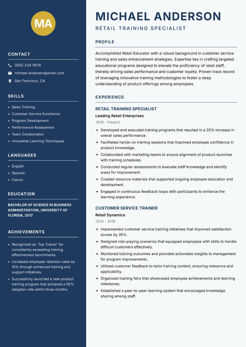 Retail Educator resume sample — Retail Training Specialist focus
