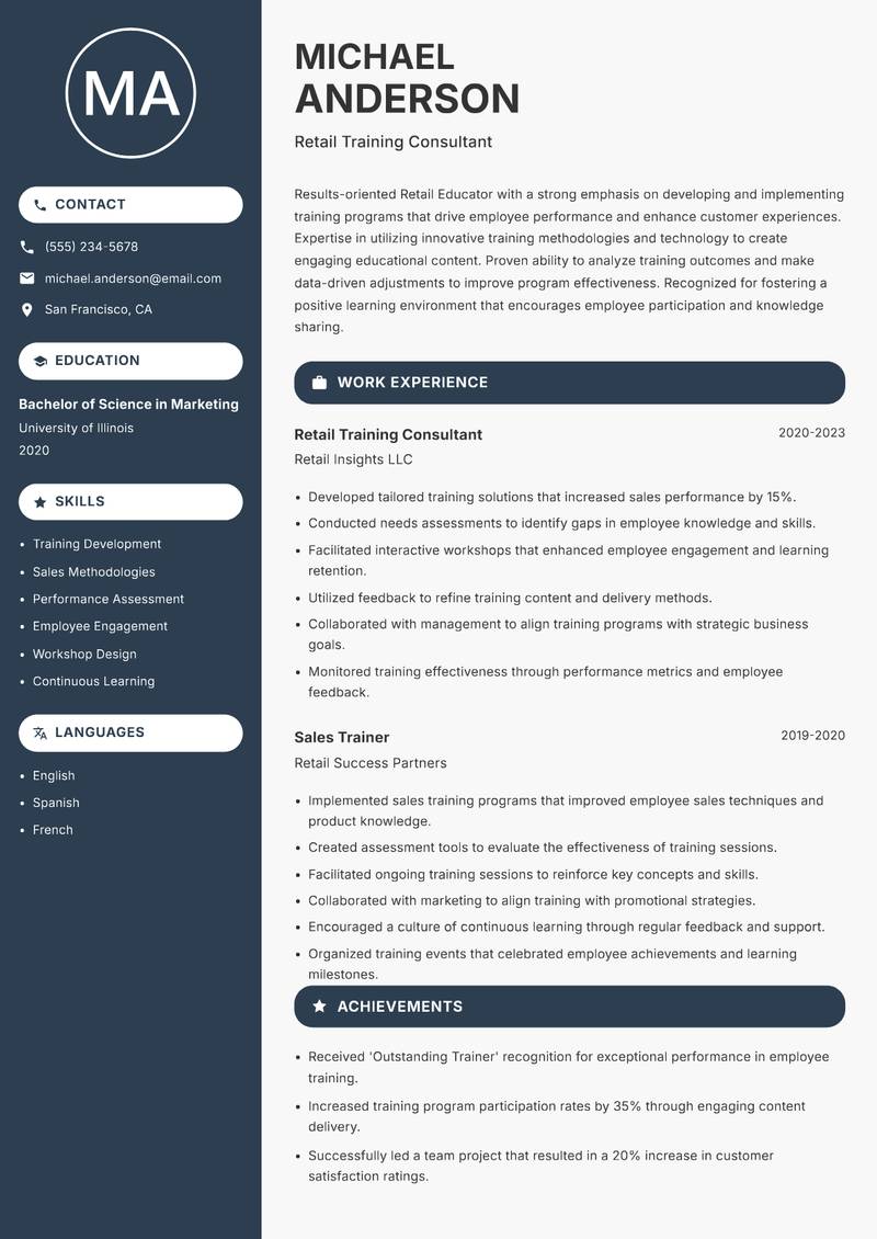 Retail Educator resume sample — Retail Training Consultant focus